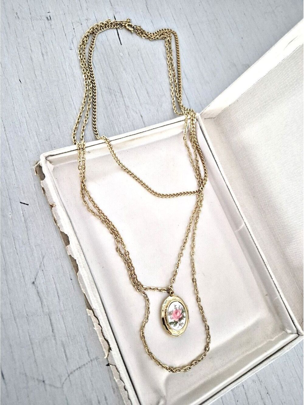 Vintage Porcelain Pink Rose Locket Triple Strand Necklace